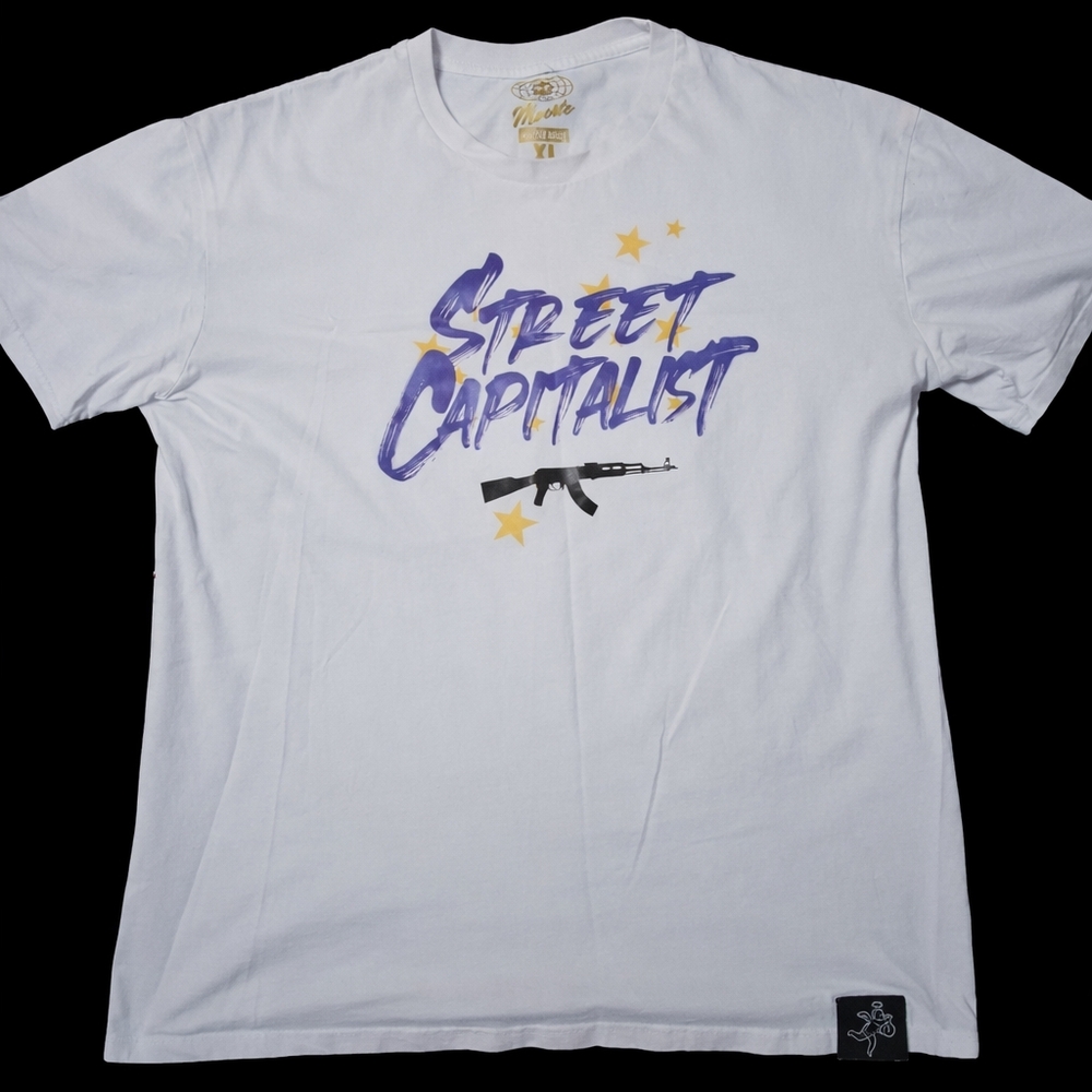 Muerte "Street Capitolist" White Graphic Tee with Purple and Yellow Design